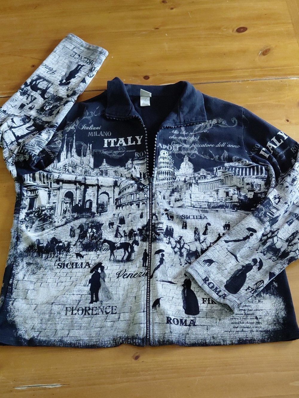 Jess & Jane Italian Graphic Bedazzled Zip-Up Sweater 2X